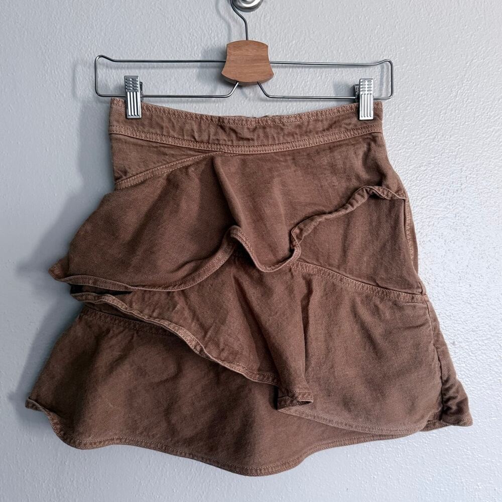 ISABEL MARANT Etoile dark khaki denim brown 100% cotton ruffle short mini skirt
